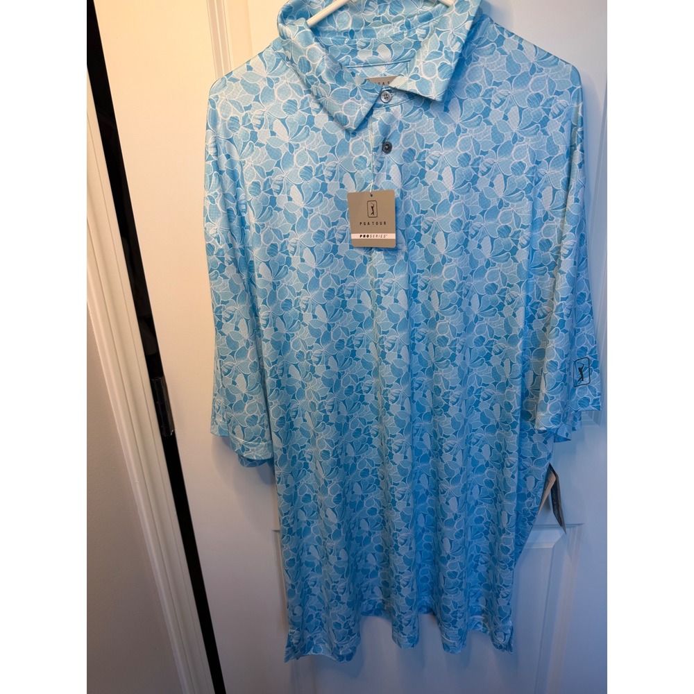 PGA Tour Pro Series Golf Polo Mens 2XLT Blue Floral Athletic Fit UPF 50 NWT
